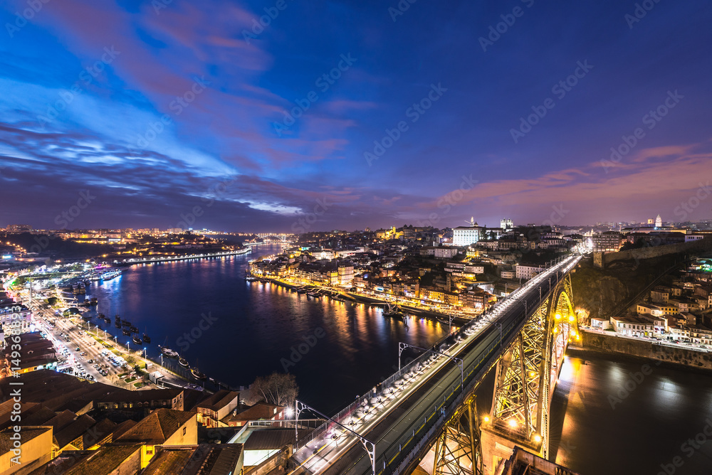 View from Vila Nova de Gaia city on Douro River and Porto city, Portugal
