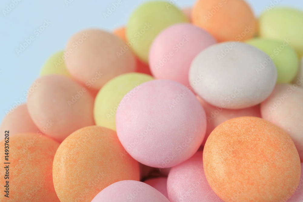 Closed up pile of pastel colored round shaped candy, for background, banner Closed up pile of pastel colored round shaped candy, for background, banner