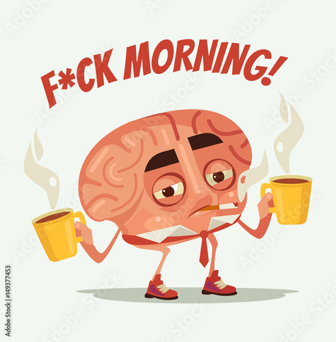 Sleepy tired office worker brain character drink coffee and smoke cigarette. Monday morning. Vector flat cartoon illustration