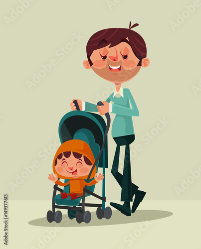 Happy smiling father character mascot walking with his little child. Vector flat cartoon illustration