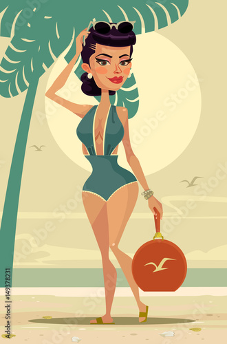 Happy smiling woman mascot character on the beach. Vector flat cartoon illustration