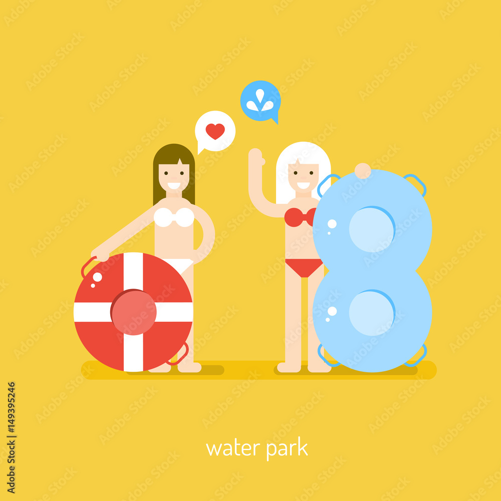 Two girls with rubber rings in the water Park. Vector flat illustration