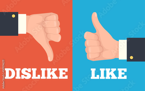 Like and dislike hands. Vector flat cartoon illustration