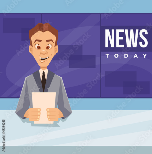 Happy smiling anchor man character telling daily news. Vector flat cartoon illustration