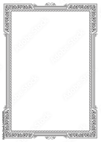 Black ornate framework. Template for certificate, diploma. A4 page proportions.