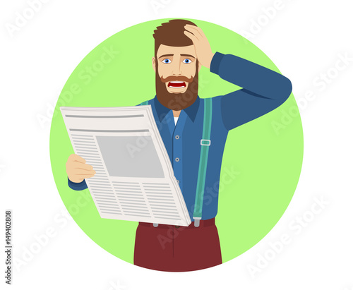 Hipster with newspaper grabbed his head