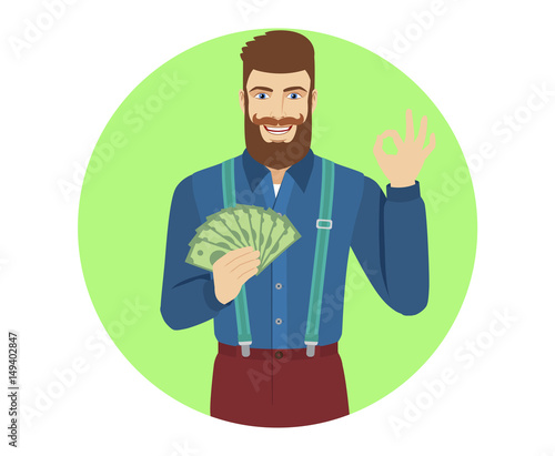 OK! Hipster with cash money showing a okay hand sign