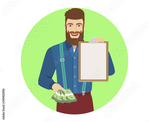 Hipster with cash money and clipboard