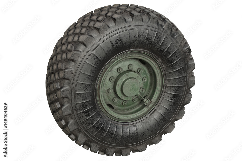Car wheel rubber with green rim. 3D rendering