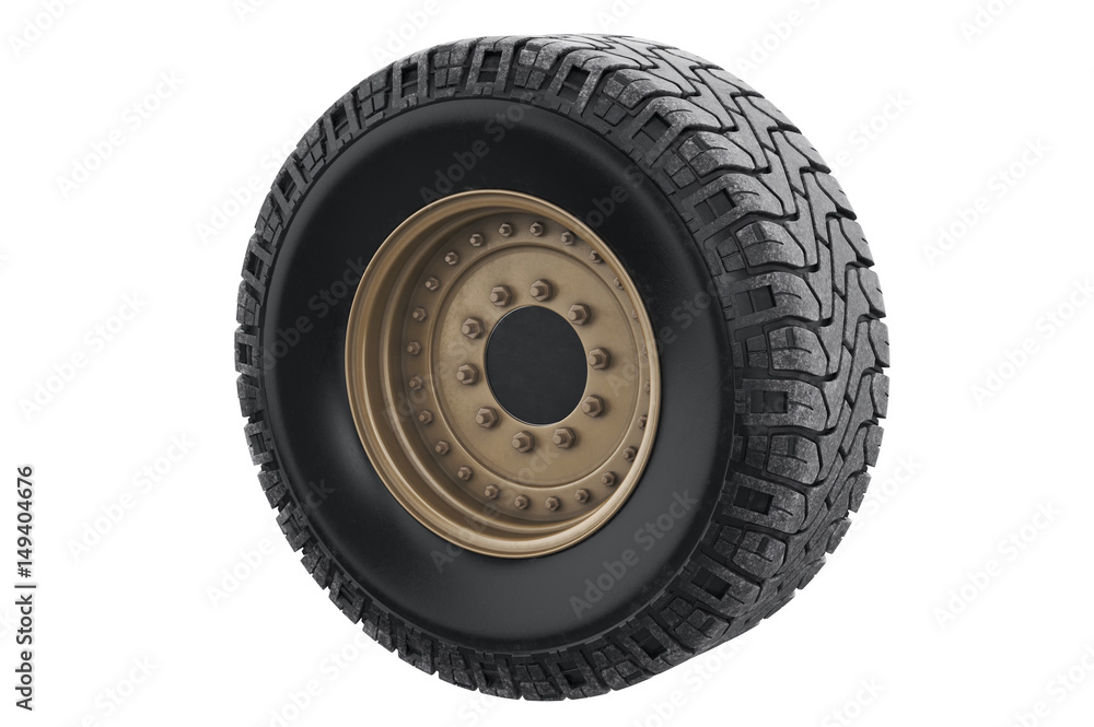 Car wheel military sand with rim. 3D rendering Car wheel military sand with rim. 3D rendering