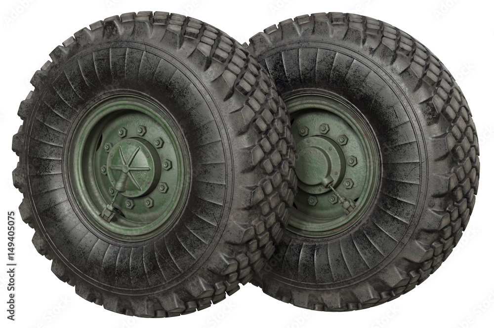 Obraz premium Car wheel military metal green disk. 3D rendering