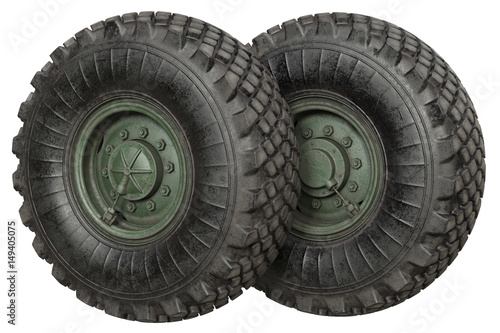 Car wheel military metal green disk. 3D rendering