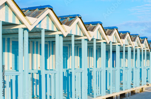 Forte dei Marmi beach with blue cabins popular touristic place, Versilia, Tuscany,Italy.