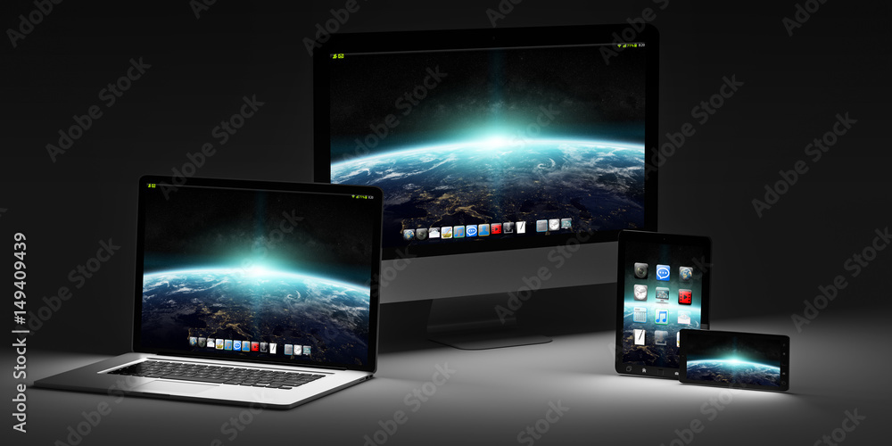 Dark modern computer laptop mobile phone and tablet 3D rendering