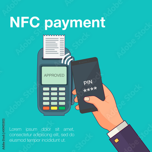 Mobile payments with smartphone. Near field communication payment terminal concept. Online transactions, paypass and NFC. Cartoon flat style vector illustration.