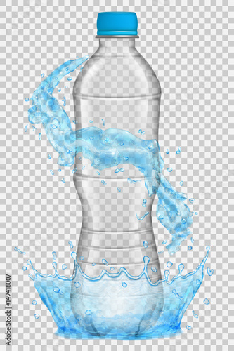 Transparent plastic bottle with water crown and splashes