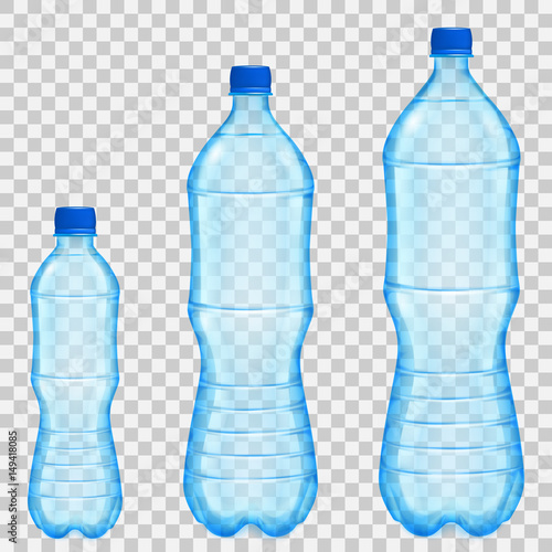 Set of transparent plastic bottles of various sizes with mineral water