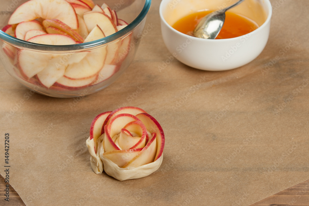 Cooking Process Of Apple Roses. Sliced And Whole Apples. Apricot Glaze. Cooking Process Of Apple Roses. Sliced And Whole Apples. Apricot Glaze.