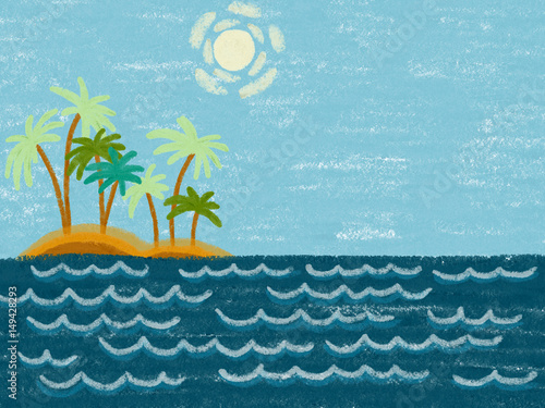 Colorful hand drawn ocean theme as blue waves of sea, island with palms and blue sky with sun on the blue chalk texture background. Cartoon illustration painted by paper chalk, high quality photo