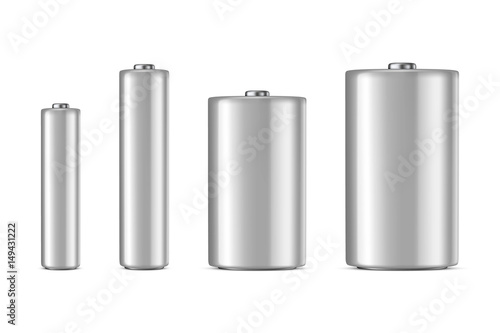 Vector realistic white alkaline batteriy icon set. Diffrent size - AAA, AA, C, D. Design template for branding, mockup. Closeup isolated on white background.