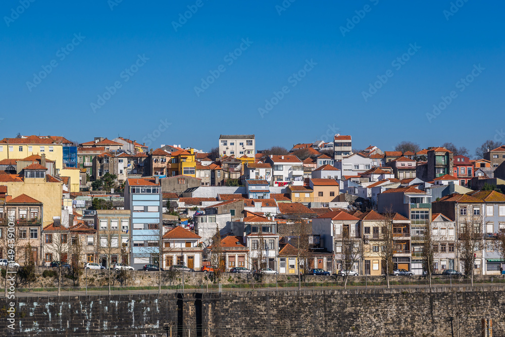 Aerial view on residential buildings over Douro River in Porto, Portugal