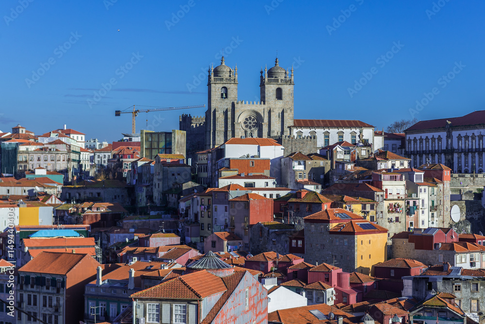 Old Town of Porto, Portugal. View with two towers of Porto Cathedral