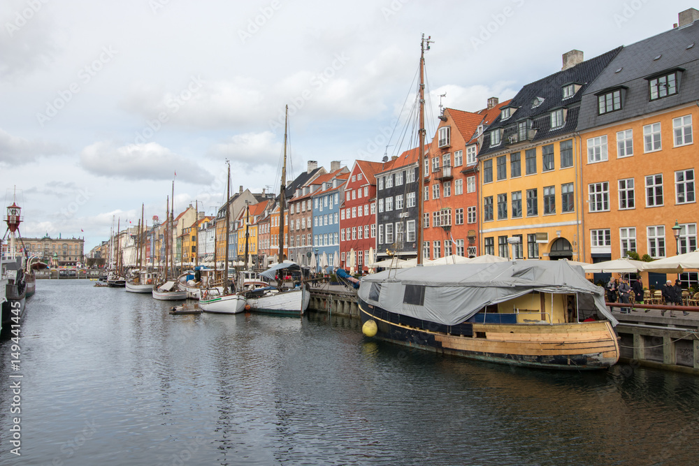 Nyhavn district in Copenhagen, the capital of Denmark. Nyhavn is a 17th-century waterfront, canal and entertainment district.