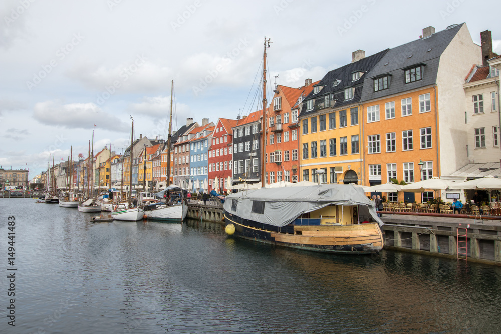 Nyhavn district in Copenhagen, the capital of Denmark. Nyhavn is a 17th-century waterfront, canal and entertainment district.