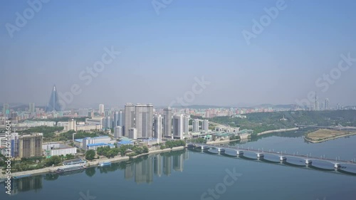 Panoramic view of Pyongyang and the Taedong river in the morning.  DPRK - North Korea. May 02, 2017. UHD - 4K