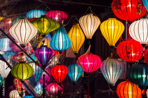 Colorful lanterns spread light on the old street of Hoi An Ancient Town  Quang Nam Province  Vietnam. UNESCO World Heritage Site