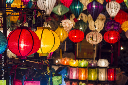 Colorful lanterns spread light on the old street of Hoi An Ancient Town  Quang Nam Province  Vietnam. UNESCO World Heritage Site