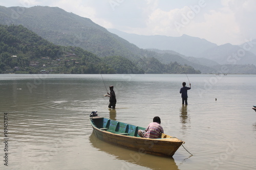 Children Lake Fishing in a Pokhara, Nepal