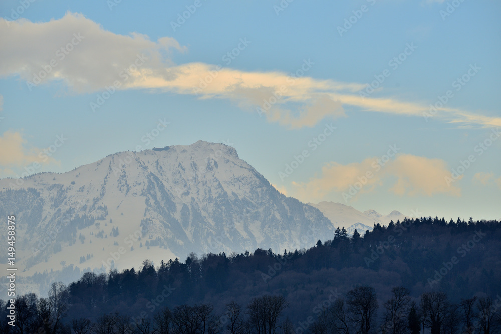 Snow mountain peak view from Lake Lucerne cruise