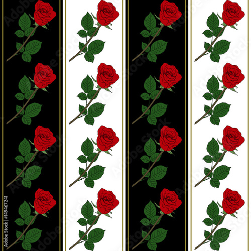 A seamless vintage vector pattern of colored hand drawn rose, on black and white striped background. The elements are separated.