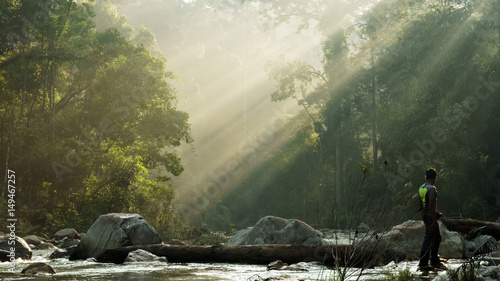 man under ray of light in morning at Johore National Parks, Selai, Segamat