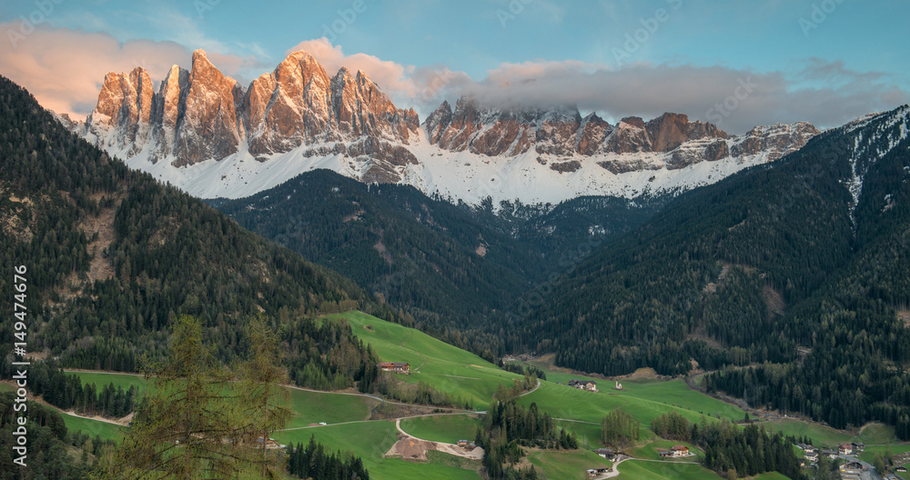 Naklejka premium Funes valley, Dolomites mountain