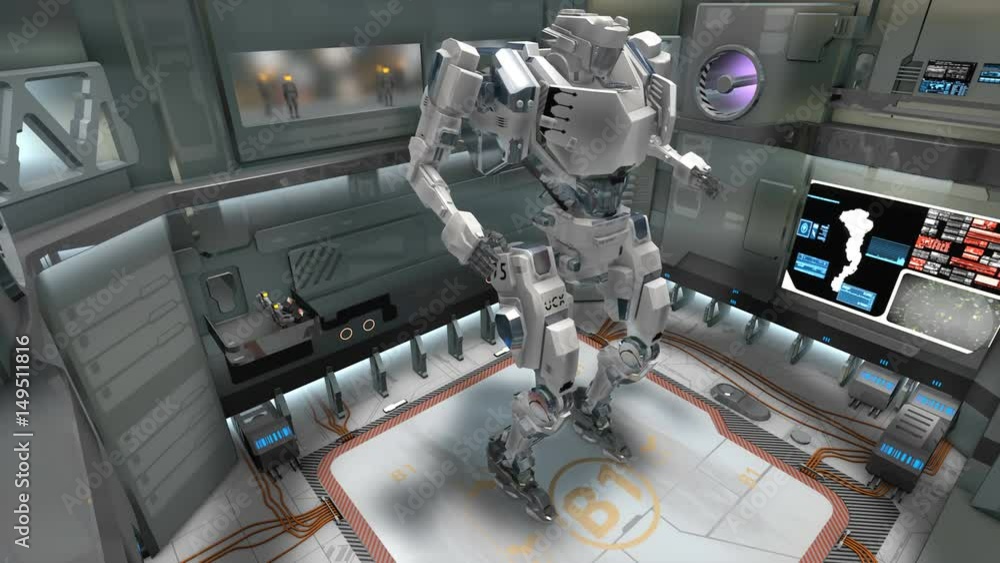 3D CG, Spaceship hangar with giant battle robot activated and walking out. 3D CG, Spaceship hangar with giant battle robot activated and walking out.