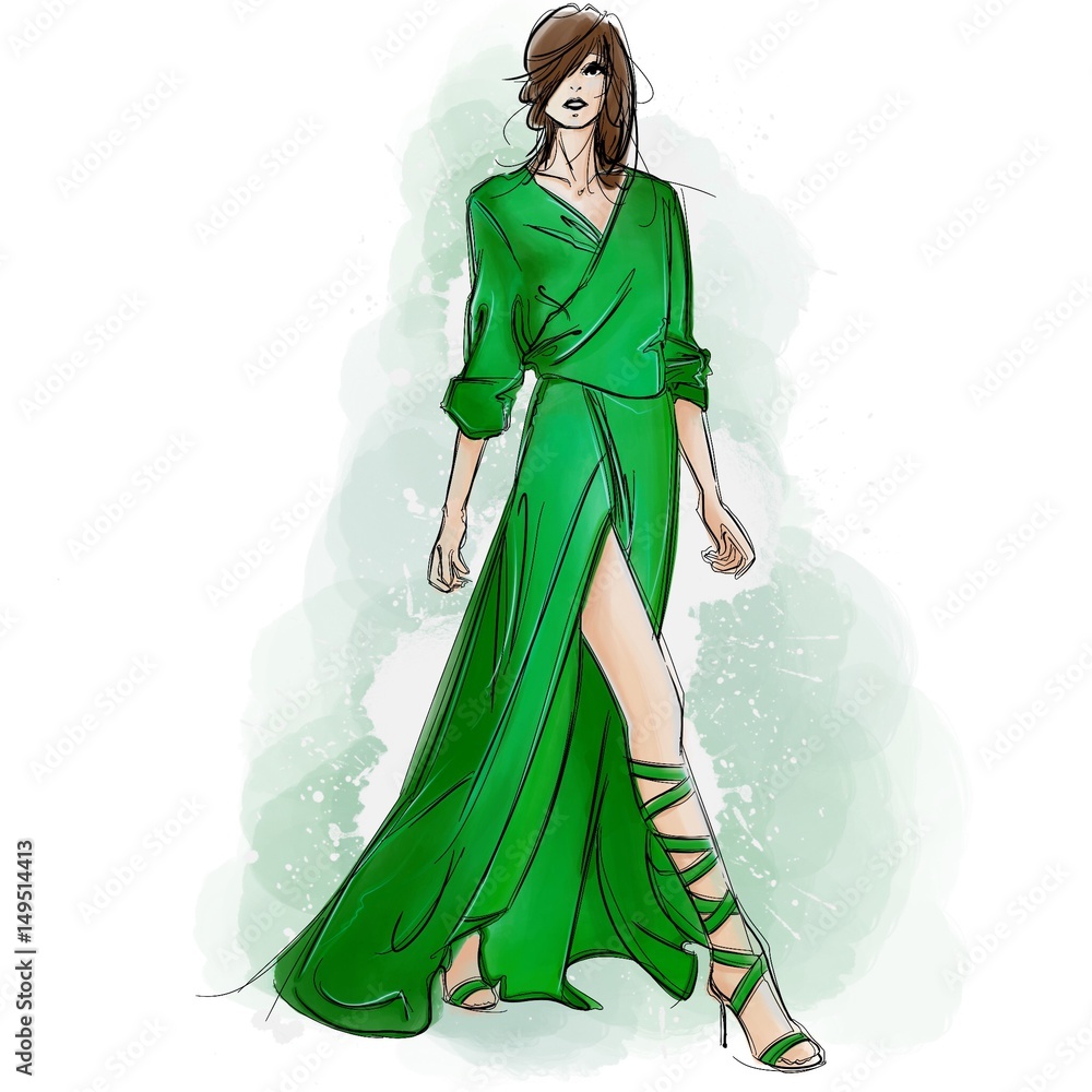 Naklejka premium Classy Lady in Green Long Dress