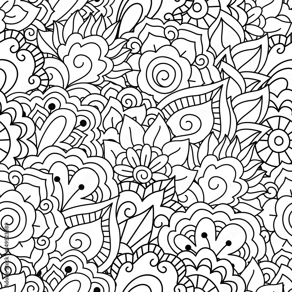 Fototapeta premium Round element for coloring book. Black and white floral pattern.
