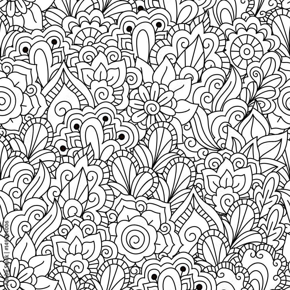 Fototapeta Round element for coloring book. Black and white floral pattern.