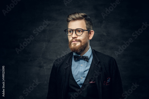 Bearded elegant male in eyeglasses dressed in a dark blue suit with bow tie.