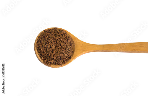 Pile of coffee powder in wooden spoon isolated on white background.