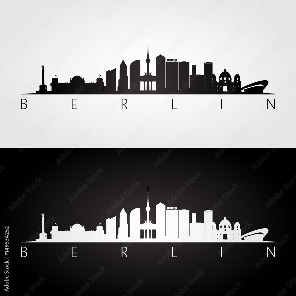 Berlin skyline and landmarks silhouette, black and white design.