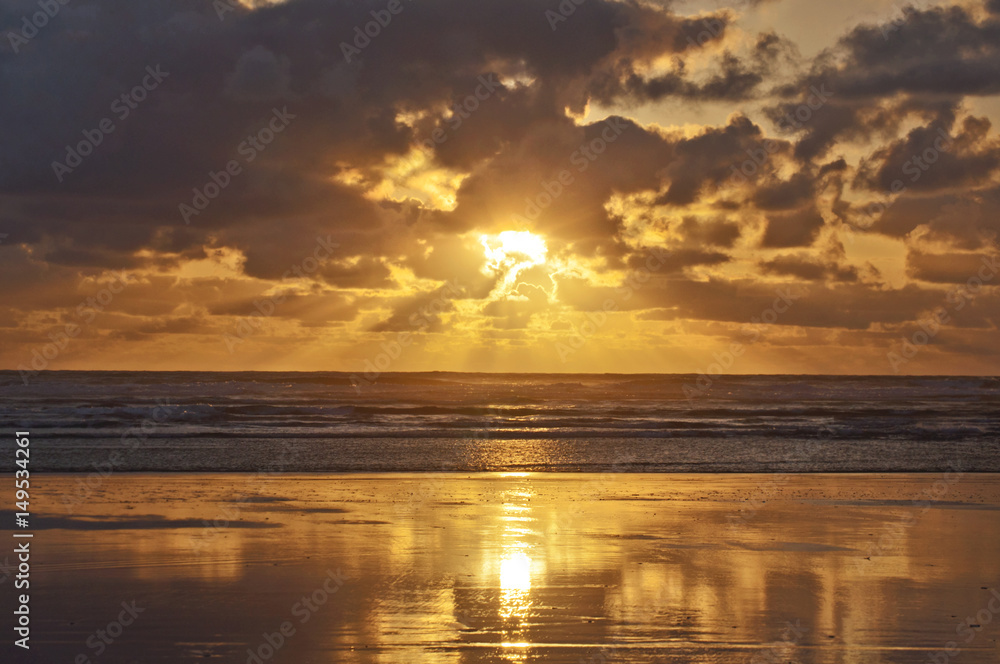 Golden sunset on the pacific ocean coast, USA/Golden sunset with reflection of clouds on beach