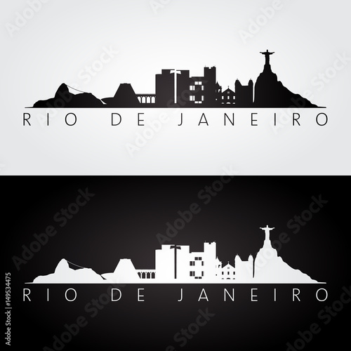 Rio de Janeiro skyline and landmarks silhouette, black and white design.