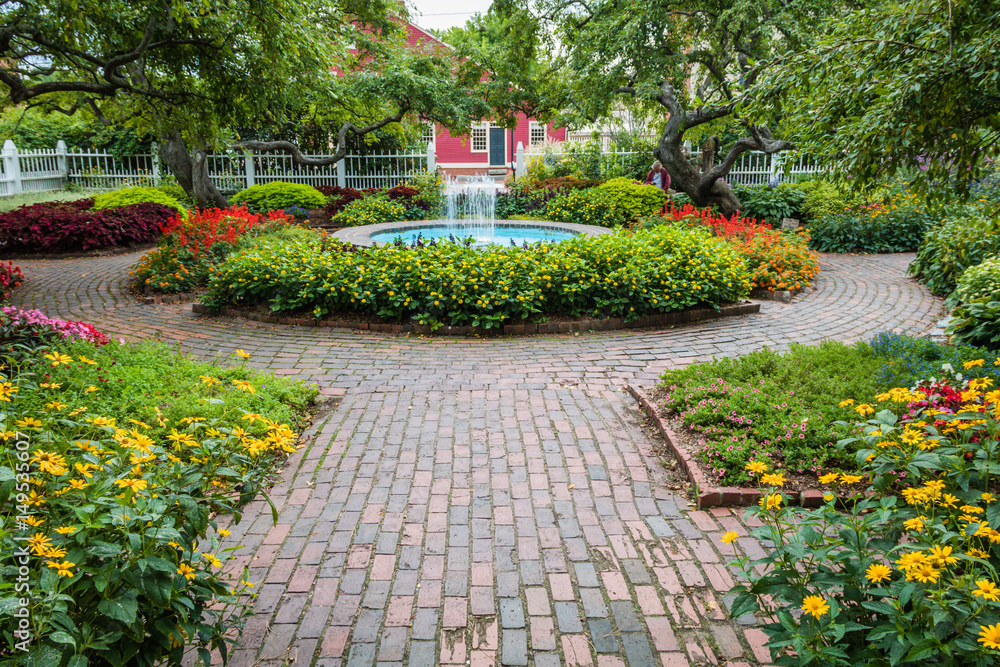 Winding pathway and fountain in beautiful Portsmouth Garden