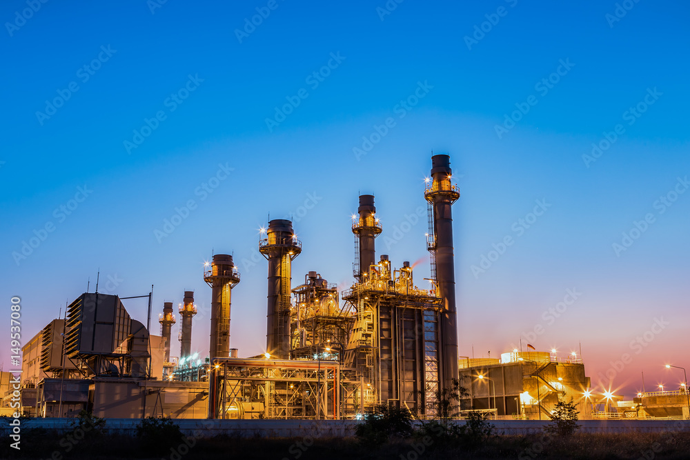 Gas turbine electrical power plant with blue hour at dusk
