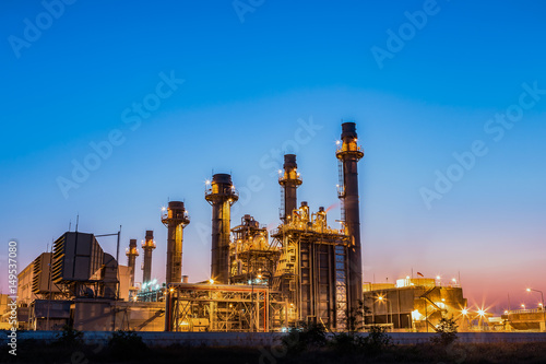 Gas turbine electrical power plant with blue hour at dusk 