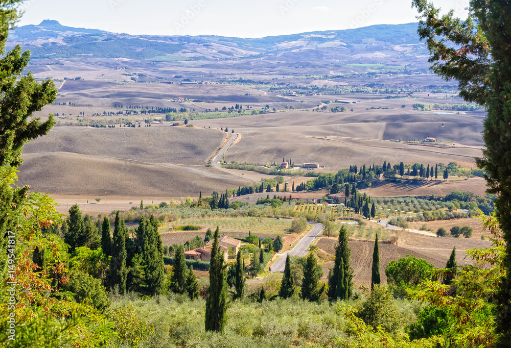 View from the city walls of the autumn countryside around Pienza in Tuscany, Italy