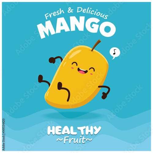 Vintage fruits poster design with vector Mango character.